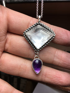 Geometric quartz with amethyst teardrop necklace