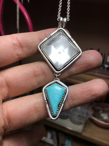Large geometric quartz crystal necklace with turquoise kite