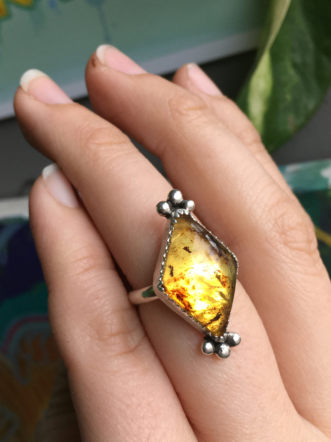 Glowy Mexican amber diamond ring - size 6.5