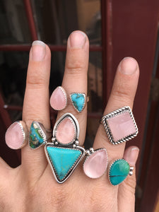 Rose quartz pear and turquoise triangle ring - size 8