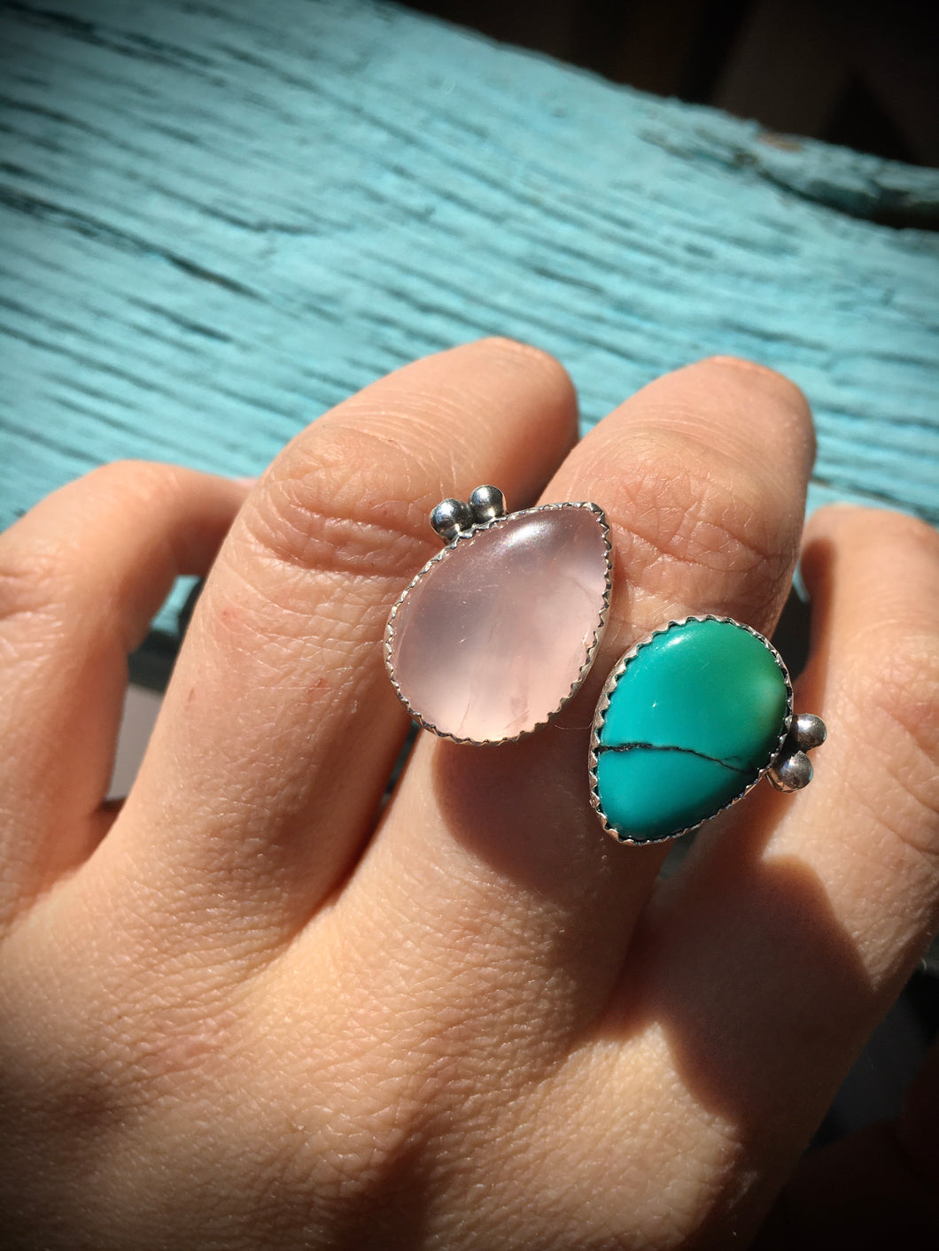 Shimmery rose quartz and teal Hubei turquoise double ring - size 8-9
