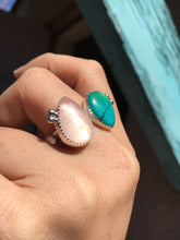 Load image into Gallery viewer, Shimmery rose quartz and teal Hubei turquoise double ring - size 8-9