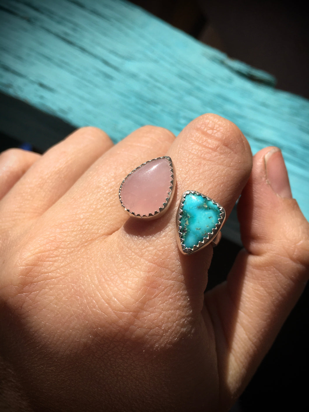 Rose quartz and White Water turquoise double ring - size 7-8