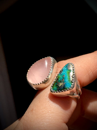 Rose quartz and Sonoran Gold turquoise double ring - size 6-7