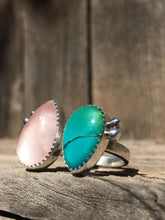 Load image into Gallery viewer, Shimmery rose quartz and teal Hubei turquoise double ring - size 8-9