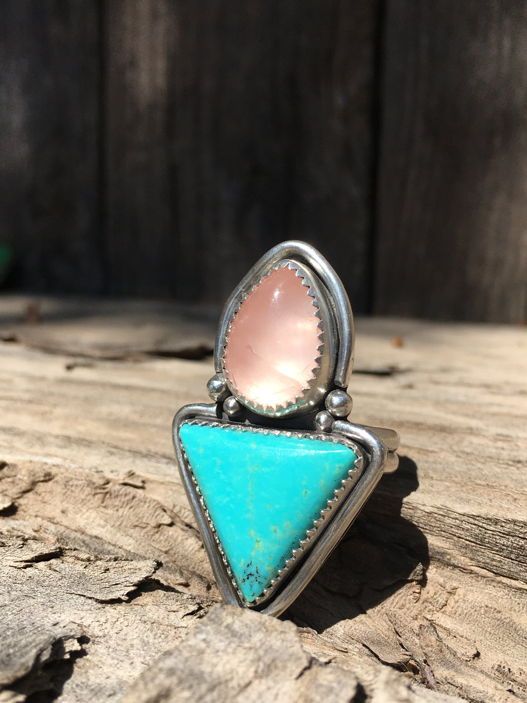 Rose quartz pear and turquoise triangle ring - size 8