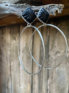 Carved black onyx post hoops