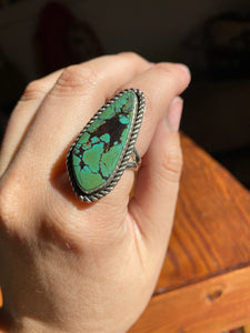 Green and Black Hubei Turquoise Ring with Twist Wire—size 8