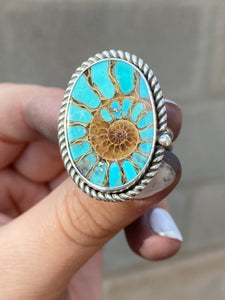 Turquoise Inlay Ammonite Statement Ring - size 9