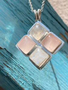 Moonstone and Rose Quartz Square Cluster Necklace + Earrings Set