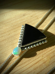 Black Onyx with Ethiopian Opal Accent Chain Bolo Necklace