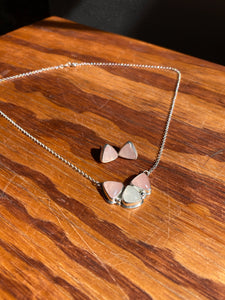 Rose Quartz and Moonstone Cluster Necklace + Triangle Studs Set