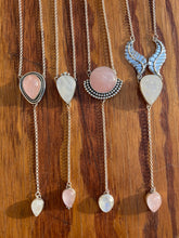 Load image into Gallery viewer, Smooth Moonstone Pear with Rose Quartz Lariat Necklace
