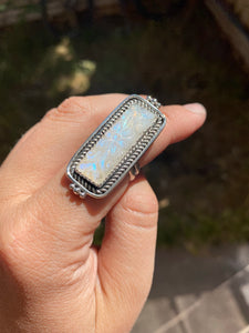 Carved Rainbow Moonstone Bar Ring—size 8