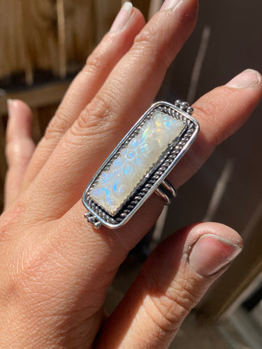 Carved Rainbow Moonstone Bar Ring—size 8