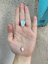 Load image into Gallery viewer, Smooth Moonstone Pear with Rose Quartz Lariat Necklace