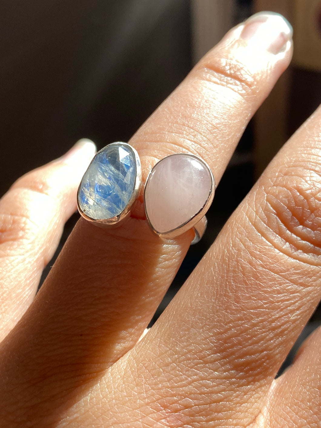 Rose Quartz and Rosecut Moonstone Double Ring: size 7-8