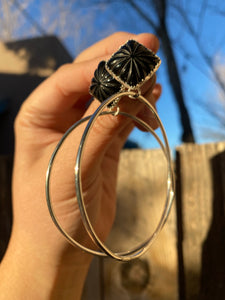 Carved black onyx post hoops