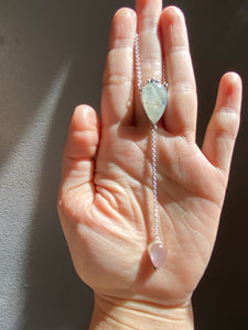 Smooth Moonstone Pear with Rose Quartz Lariat Necklace