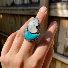 Load image into Gallery viewer, Moonstone with Turquoise Crescent Statement Ring — size 8