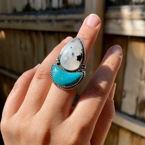 Moonstone with Turquoise Crescent Statement Ring — size 8