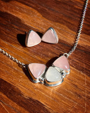 Load image into Gallery viewer, Rose Quartz and Moonstone Cluster Necklace + Triangle Studs Set
