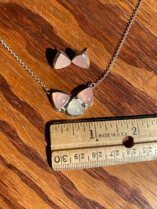 Rose Quartz and Moonstone Cluster Necklace + Triangle Studs Set