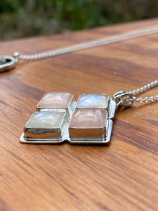 Moonstone and Rose Quartz Square Cluster Necklace + Earrings Set