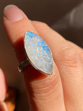 Load image into Gallery viewer, Carved Blue Flash Moonstone Ring—size 6 (see caption)