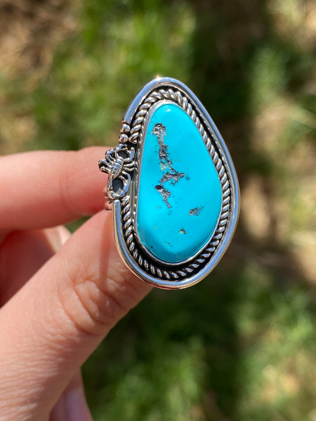 Sleeping Beauty Turquoise Ring with Scorpion—size 8.5
