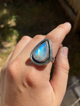 Load image into Gallery viewer, Blue Flash Moonstone Pear Shadowbox Ring—size 9.5