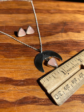 Load image into Gallery viewer, Rose Quartz Crescent Moon Necklace + Triangle Studs Set