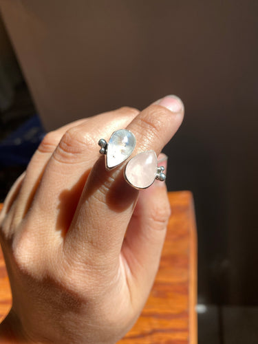 Rose Quartz and Rainbow Moonstone Double Ring: size 6-7