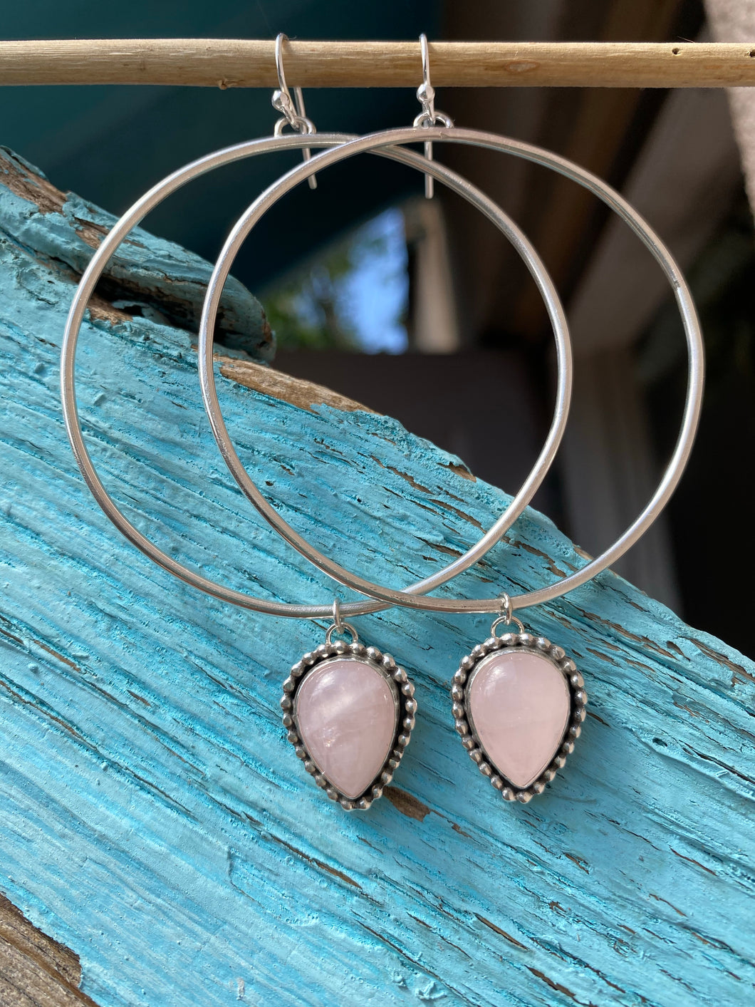 Beaded Rose Quartz Dangle Hoops