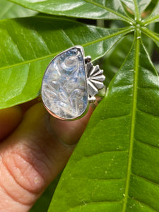 Carved Rainbow Moonstone Paisley Ring—size 5.5