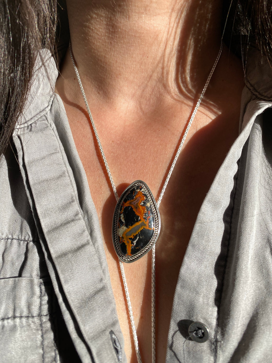 Agatized Petrified Wood Chain Bolo Necklace
