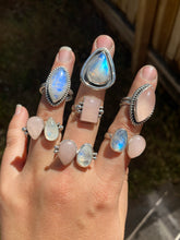 Load image into Gallery viewer, Blue Flash Moonstone Pear Shadowbox Ring—size 9.5