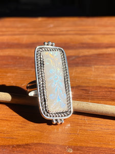 Carved Rainbow Moonstone Bar Ring—size 8