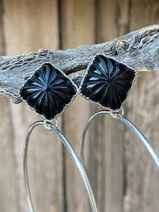 Carved black onyx post hoops