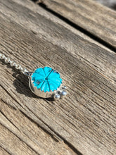 Load image into Gallery viewer, Rainbow Moonstone with Carved Turquoise Flower Lariat