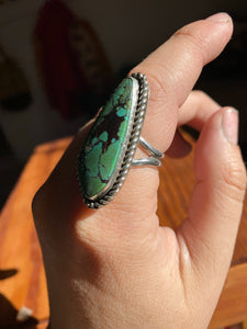 Green and Black Hubei Turquoise Ring with Twist Wire—size 8