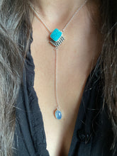 Load image into Gallery viewer, Whitewater Turquoise with Rosecut Moonstone Lariat