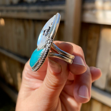 Load image into Gallery viewer, Moonstone with Turquoise Crescent Statement Ring — size 8