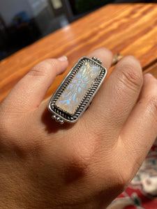 Carved Rainbow Moonstone Bar Ring—size 8