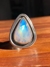 Load image into Gallery viewer, Blue Flash Moonstone Pear Shadowbox Ring—size 9.5