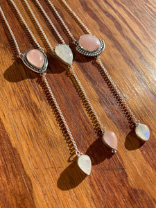 Rose Quartz Pear with Moonstone Lariat Necklace