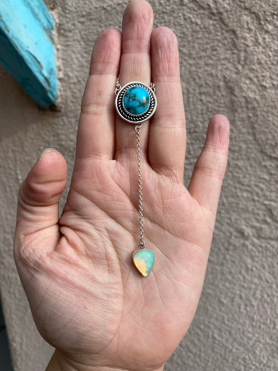 High Grade Royston Turquoise with Opal Lariat Necklace