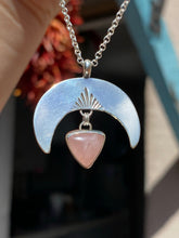 Load image into Gallery viewer, Rose Quartz Crescent Moon Necklace + Triangle Studs Set