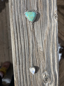 King's Manassa Turquoise with Moonstone Lariat Necklace