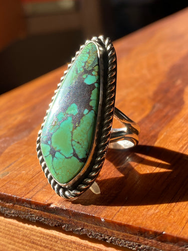 Green and Black Hubei Turquoise Ring with Twist Wire—size 8